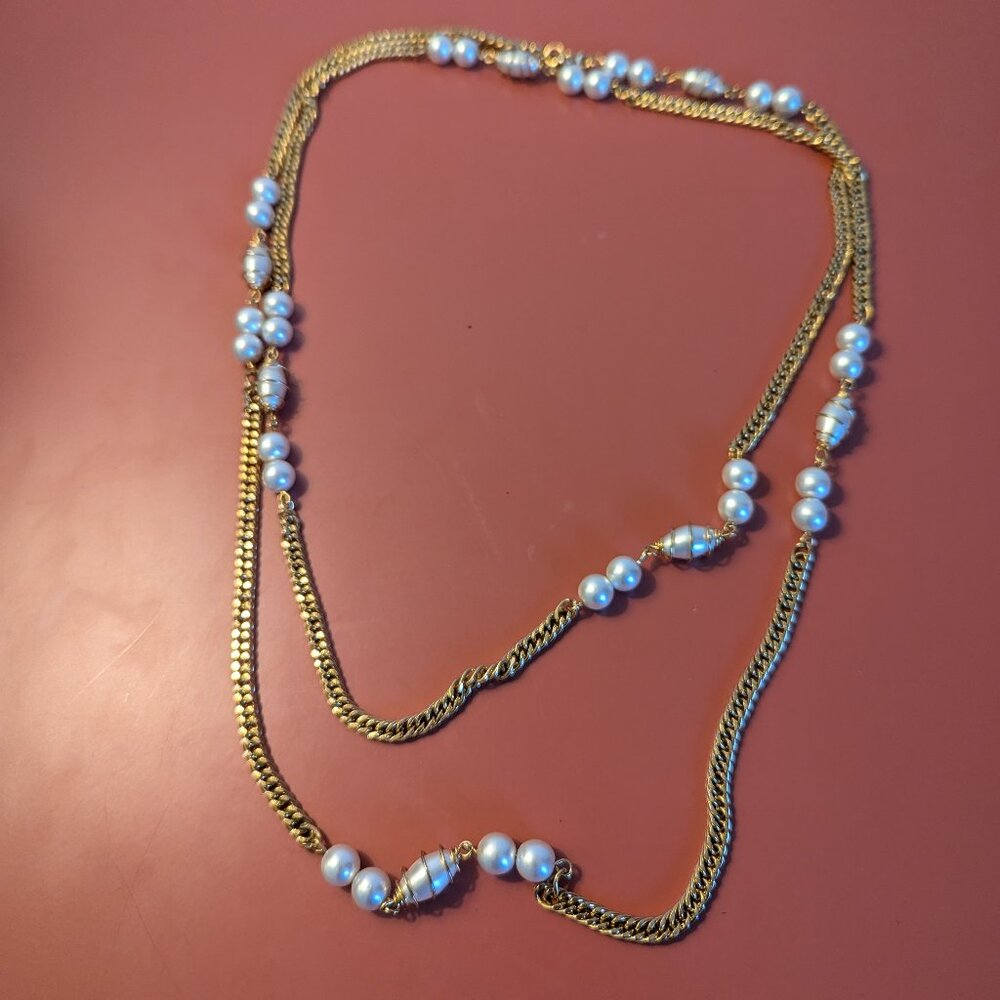 Sarah Coventry Caged Faux Pearl Necklace with Gold Tone Chain | Vintage